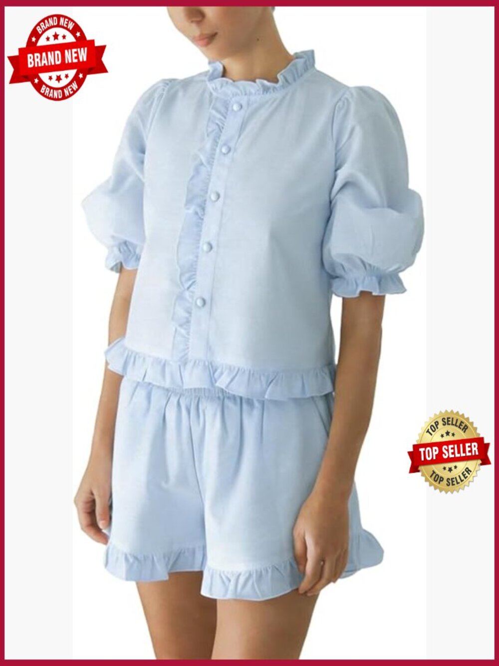 Womens Ruffle Short Set Summer Puff Sleeve Button Down Top and Shorts 2 Piece